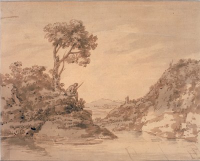 Bir Havuzun Kıyısında Figürlü Manzara (kağıt üzerine suluboya (kahverengi)) by Alexander Cozens